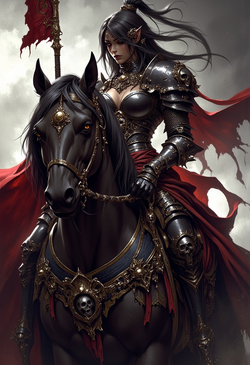 ArsMJStyle, dnddarkestfantasy, mythp0rt, masterpiece, female oriental knight, flowing loose hair, red plated armour, holding a spear with a heraldic pennant riding a large warhorse, silhouetted, directional light