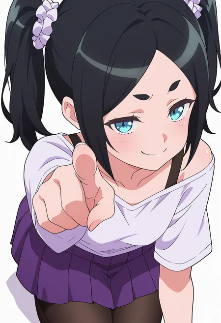 Smooth Quality,masterpiece,very intricate, high quality details, ultra realistic, high detailed skin,detailed enviorement,absurdres,
pointing at viewer,solo,
<lora:Dannar_Toxico_CNR:0.8> toxico_cnr, 1girl,black hair, twintails, blue eyes, thick eyebrows,
toxico_purple_cnr, 1girl, collarbone,white shirt,short sleeves, off shoulder, purple skirt, pleated skirt,black pantyhose, shoeshair scrunchie,shirt,, simple background, white background, from behind,
kneeling, one hand on ground, reaching forward, focused, tense,  ,, smug,