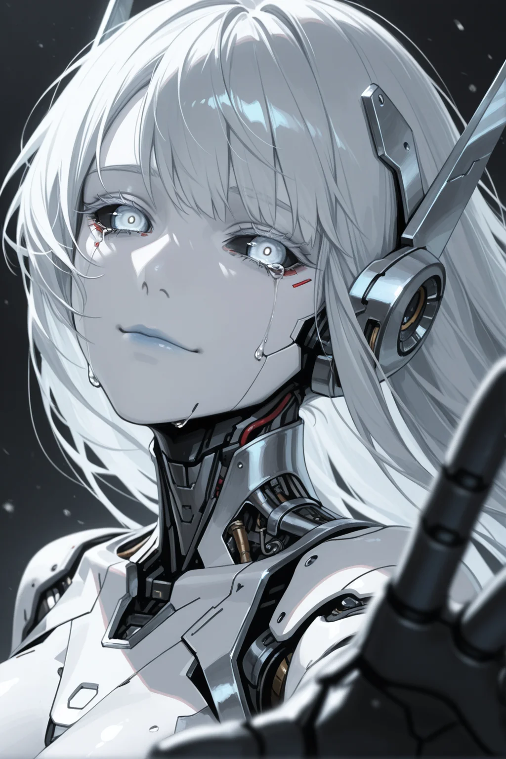 mechanical parts, solo, damaged, android, science fiction, cable,, 1girl, cyborg, portrait, , , robot, black sclera, cyberpunk, silver pupils, white skin, silver, wires, , silver, lips, cyberpunk, single tear, expressionless, crying with eyes open, colored eyelashes, sad smile, silver trim, silver headgear, looking at viewer, reaching towards viewer,
masterwork, masterpiece, best quality, detailed, depth of field, , high detail, best quality, very aesthetic, 8k, dynamic pose, depth of field, dynamic angle, adult, aged up