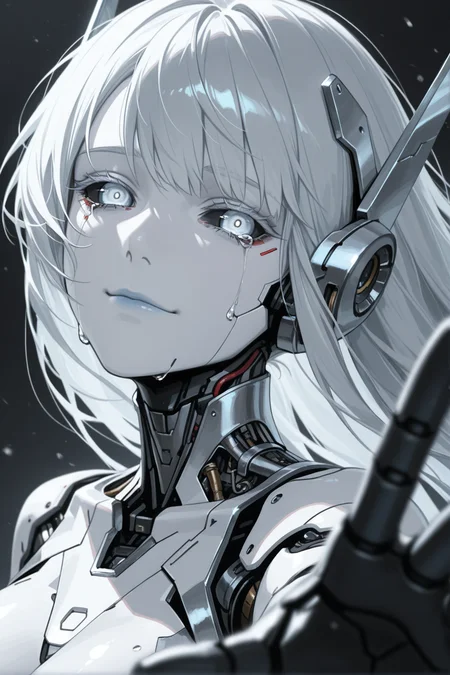 mechanical parts, solo, damaged, android, science fiction, cable,, 1girl, cyborg, portrait, , , robot, black sclera, cyberpunk, silver pupils, white skin, silver, wires, , silver, lips, cyberpunk, single tear, expressionless, crying with eyes open, colored eyelashes, sad smile, silver trim, silver headgear, looking at viewer, reaching towards viewer,
masterwork, masterpiece, best quality, detailed, depth of field, , high detail, best quality, very aesthetic, 8k, dynamic pose, depth of field, dynamic angle, adult, aged up