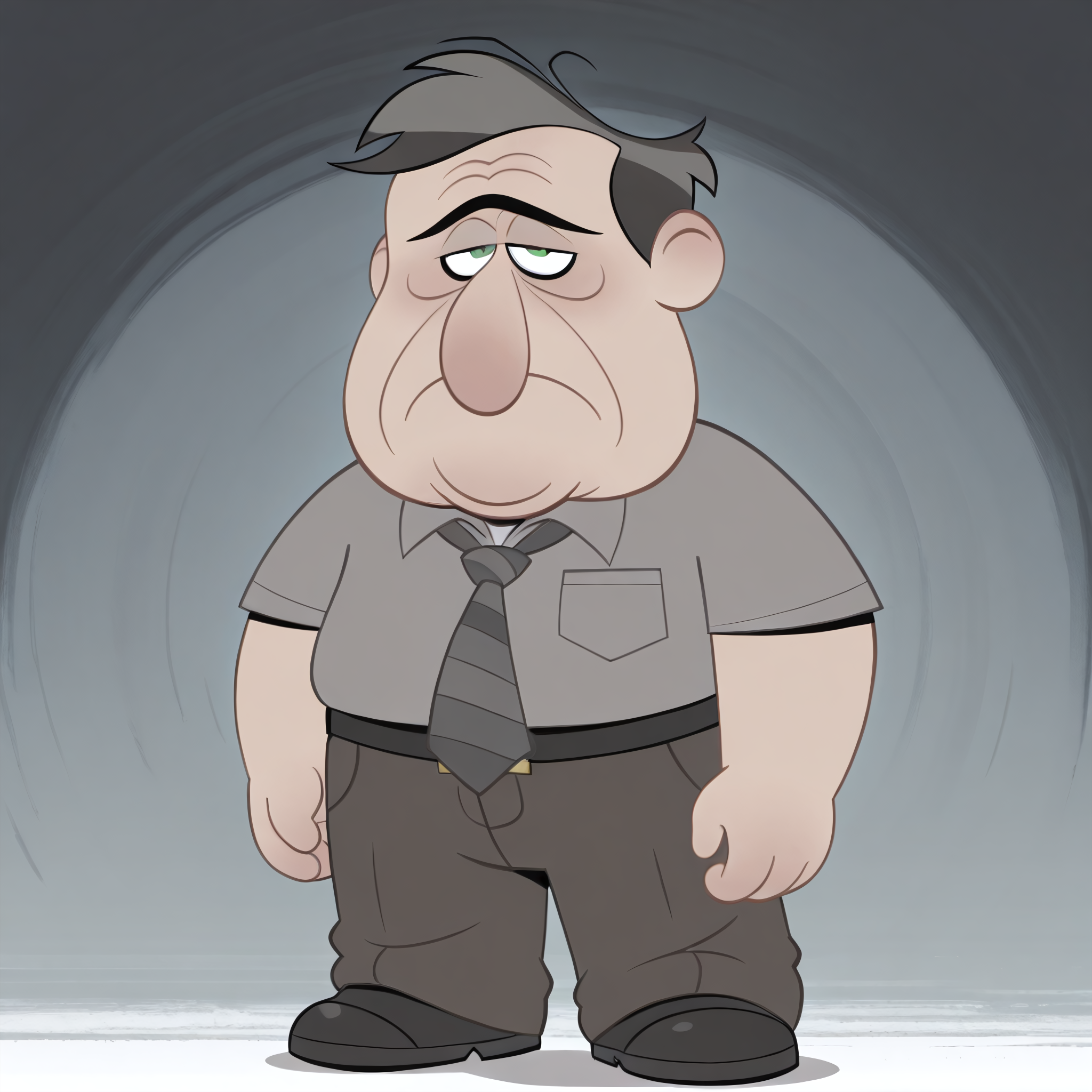 todd-m, 1boy, male, mature male, older male, fat man, plump, fat, dark grey hair, big nose, unibrow, age lines, wrinkles, green eyes, masterpiece, best quality, detailed, solo, sad, standing, frown, tired, eyes half closed, grey shirt, striped tie, brown pants, belt, shoes, standing, eye contact, looking at viewer
