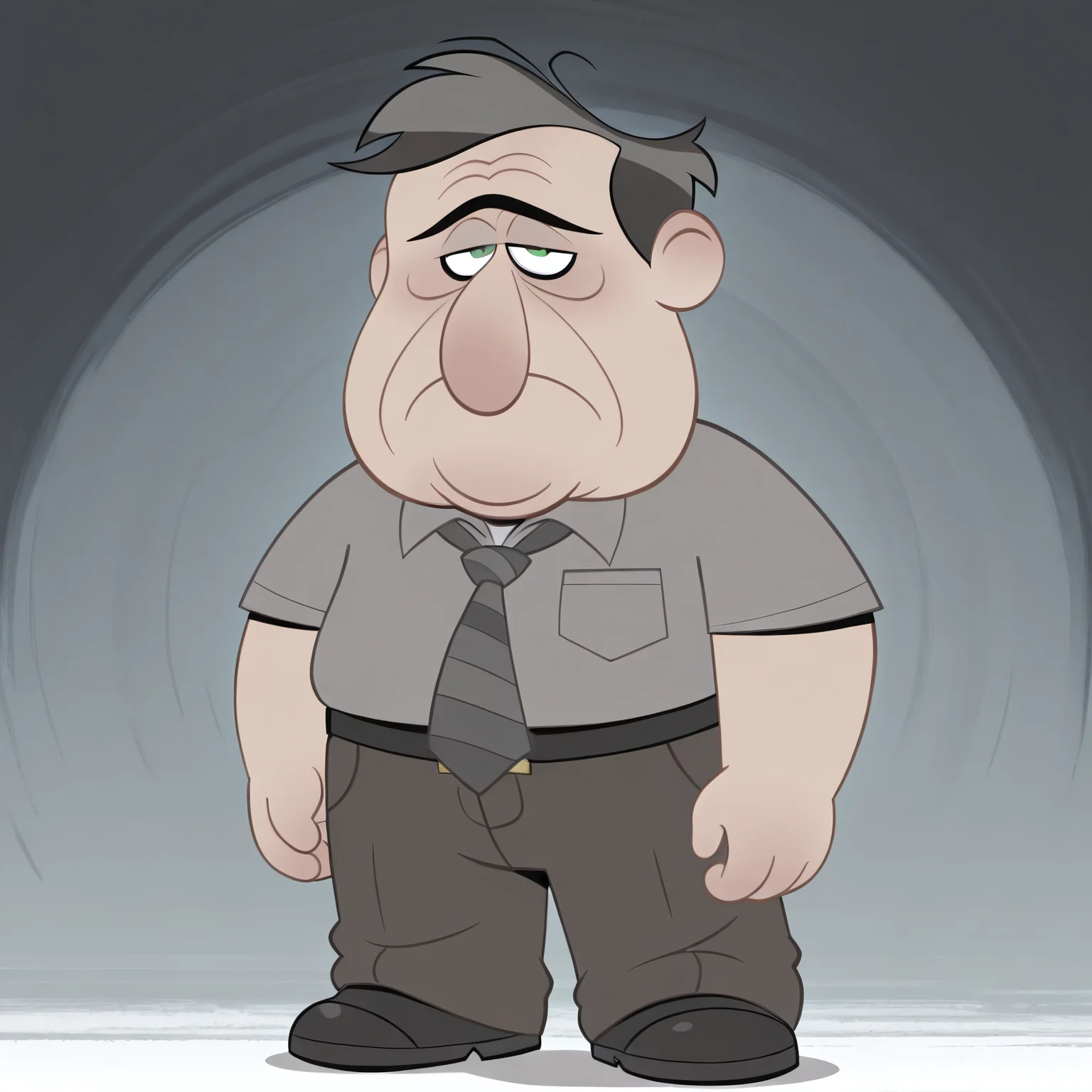 todd-m, 1boy, male, mature male, older male, fat man, plump, fat, dark grey hair, big nose, unibrow, age lines, wrinkles, green eyes, masterpiece, best quality, detailed, solo, sad, standing, frown, tired, eyes half closed, grey shirt, striped tie, brown pants, belt, shoes, standing, eye contact, looking at viewer
