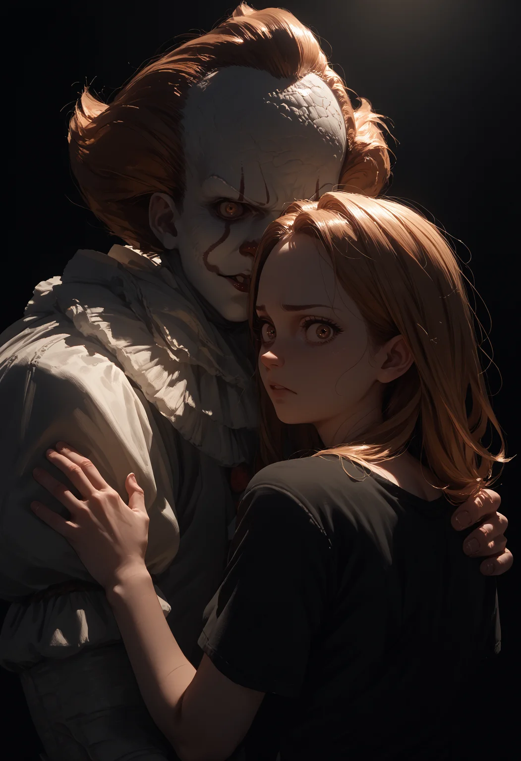 score_9, score_8_up, score_7_up, score_6_up, 1boy, monster, white costume, dark background, backlighting, silhouette,
1girl, upper body, black t-shirt, behind another,looking back, looking at viewer, worried,
<lora:pennywise_v0.6-pony:1>
<lora:dark_v1.9-pony:1>