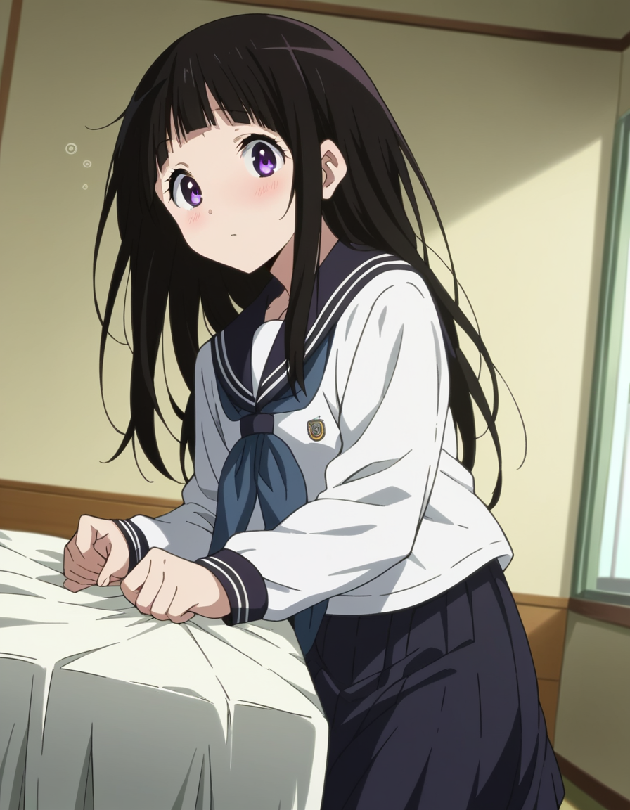 score_9, score_8_up, score_7_up, source_anime,
eruchitanda, <lora:eru-chitanda-s1-ponyxl-lora-nochekaiser:1>,
eru chitanda, long hair, black hair, bangs, blunt bangs, purple eyes, sidelocks,
skirt, school uniform, serafuku, kamiyama high school uniform \(hyouka\), black skirt, long sleeves, black sailor collar,
indoors, bed, bed room, on side, blush, drunk,
looking at viewer, cowboy shot, dutch angle,