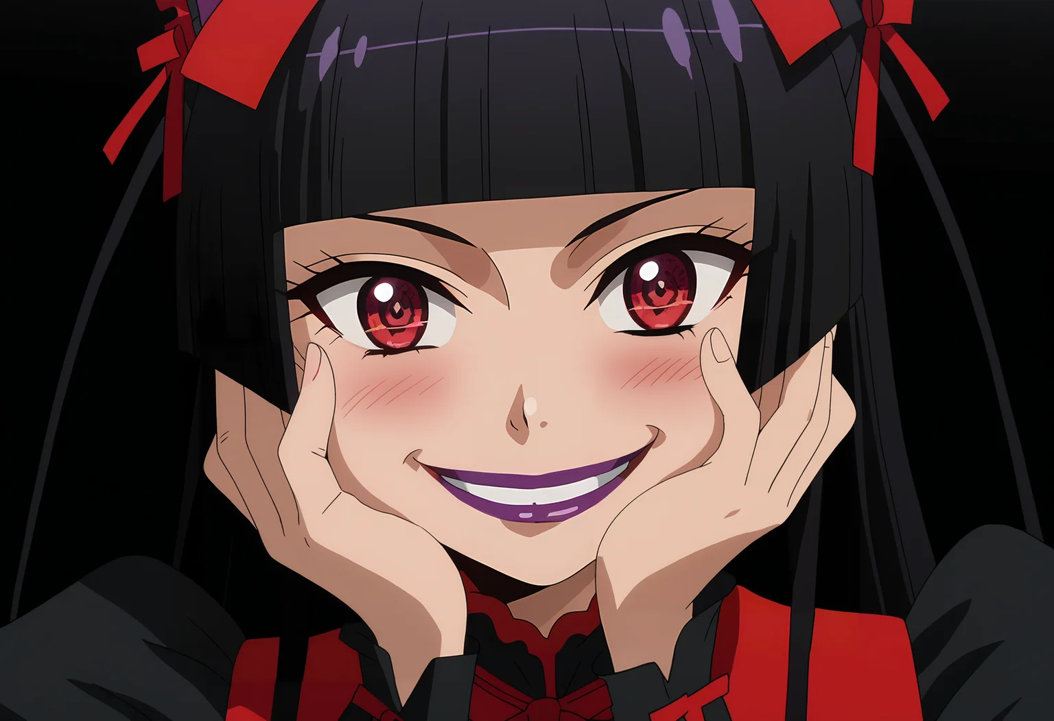 score_7_up, anime screencap, close-up,
<lora:GATE_RoryMercuryXL:0.9>, RoryMercury,
1girl, (head tilt:1.2), (yandere:1.1), yandere trance, crazy smile, crazy eyes, blush, open mouth,
long hair, black hair, red eyes, hime cut, blunt bangs, purple lipstick, hair bow,
multicolored dress, black dress, red dress, puffy short sleeves, red necktie, arm warmers,
hands on own cheeks, standing, looking at viewer,
simple background, black background