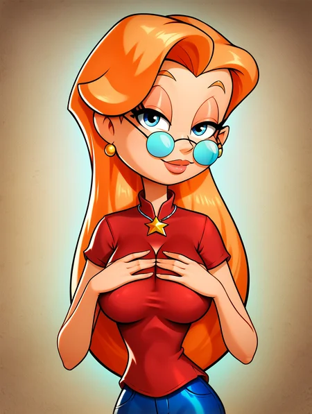 score_9, score_8_up, score_7_up, toon \(style\),ultra high quality,ultra high resolution,ultra ,full body, seductive, very realistic,(extremely detailed), detailed background,,(masterpiece, best quality, high quality, highres, ultra-detailed),toon (style), flat color, <lora:Zelda_Spellman_Sabrina_The_Animated_Series:0.8> zelda spellmann, long hair, orange hair, round eyewear, star necklace, red shirt, earrings, looking at viewer, blue footwear, long eyelashes, blue eyes, blue pants, narrow waist   , seductive smile, half-closed eyes,upper body,bodycon,magical sparks,solo,single,hands on chest,