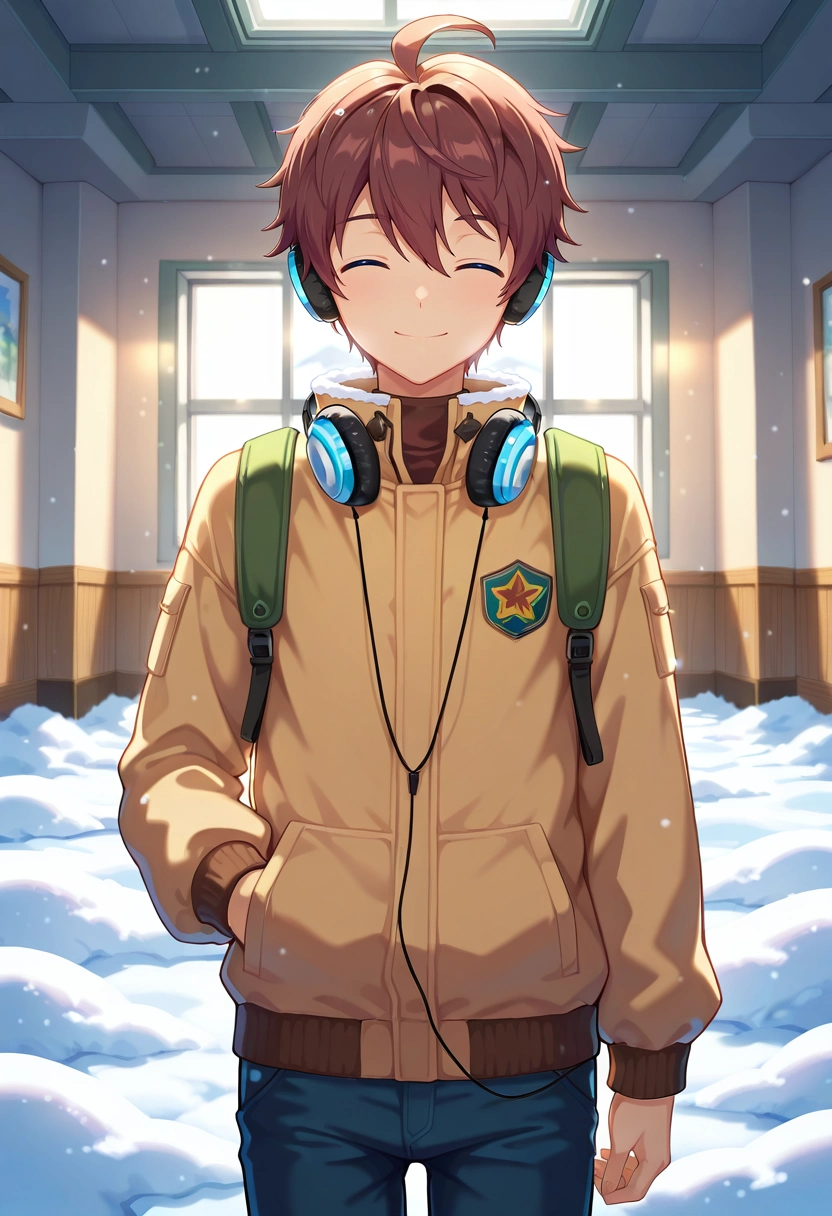 masterpiece, best quality, , , looking at viewer, , 1boy, solo, male focus, <lora:seto_aihara_ilxl:0.88>, seto_aihara, brown hair, blue eyes, short hair, ahoge, headphones, , straight-on, snowy field, indoors, light, arm at side, (closed eyes:1.2), smile,