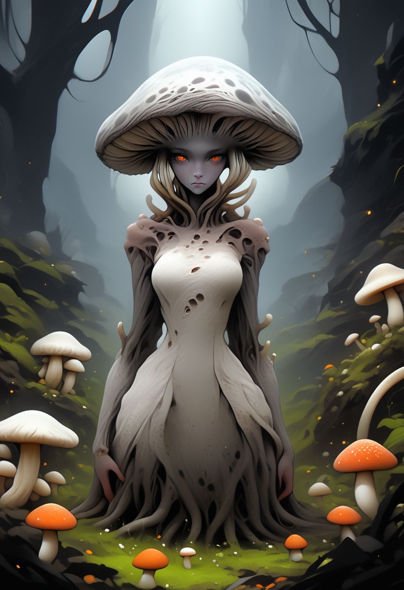 earthelements style, 1girl, solo, looking at viewer, orange eyes, monster girl, colored skin, breasts, grey skin, closed mouth, arms at sides, white dress, made of mushrooms, grass, overgrown, ethereal, green,  BREAK  PonyXLV6_Scores