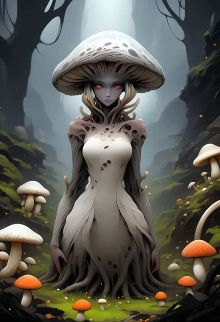 earthelements style, 1girl, solo, looking at viewer, orange eyes, monster girl, colored skin, breasts, grey skin, closed mouth, arms at sides, white dress, made of mushrooms, grass, overgrown, ethereal, green, BREAK PonyXLV6_Scores