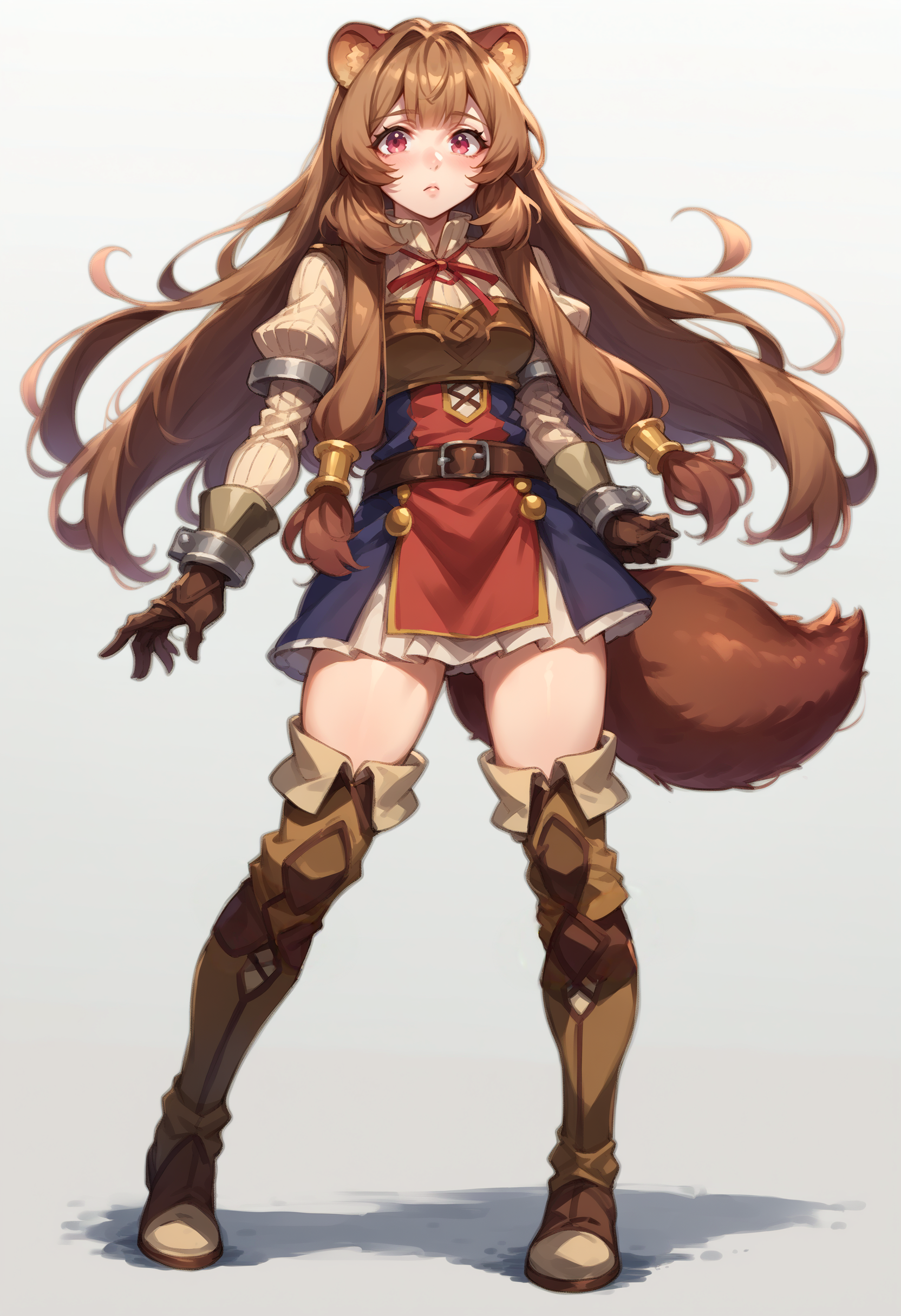 <lora:AERaphtalia:1> aeraphtaliadef, brown footwear, brown gloves, brown hair, long hair, long sleeves, neck ribbon, raccoon ears, raccoon girl, raccoon tail, shoulder armor, thigh boots, zettai ryouiki, white background, full body, standing, boots,, score_9, score_7_up, source_anime,