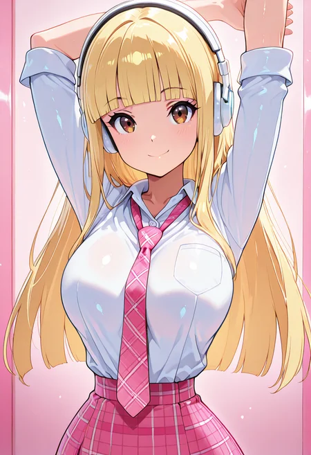 masterpiece, best quality, solo, curvy, beautiful eyes, narrow waist, wide hips, 1girl, solo, smile, looking at viewer, foreshortening, close up, anime screenshot, zzPearlCitron, brown eyes, blonde hair, long hair, straight hair, blunt bangs, white headphones, pink necktie, collard shirt, white shirt, plaid skirt, pink skirt, shirt tucked in, ,<lora:PearlRakuCitronOC_IXL:1.0>, arms up, stretching, upper body, smile, looking at viewer,