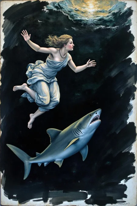 raphael1 painting.
An elegant and dynamic depiction of a figuren swimming underwater in the sea, The figure is swimming towards the surface. There is a large shark near her. Abstract, sweeping black ink strokes form a dramatic background, emphasizing movement and energy while blending traditional and modern artistic styles. <lora:raphael1_cap_d6a3:1.0><lora:843643972216779303:0>