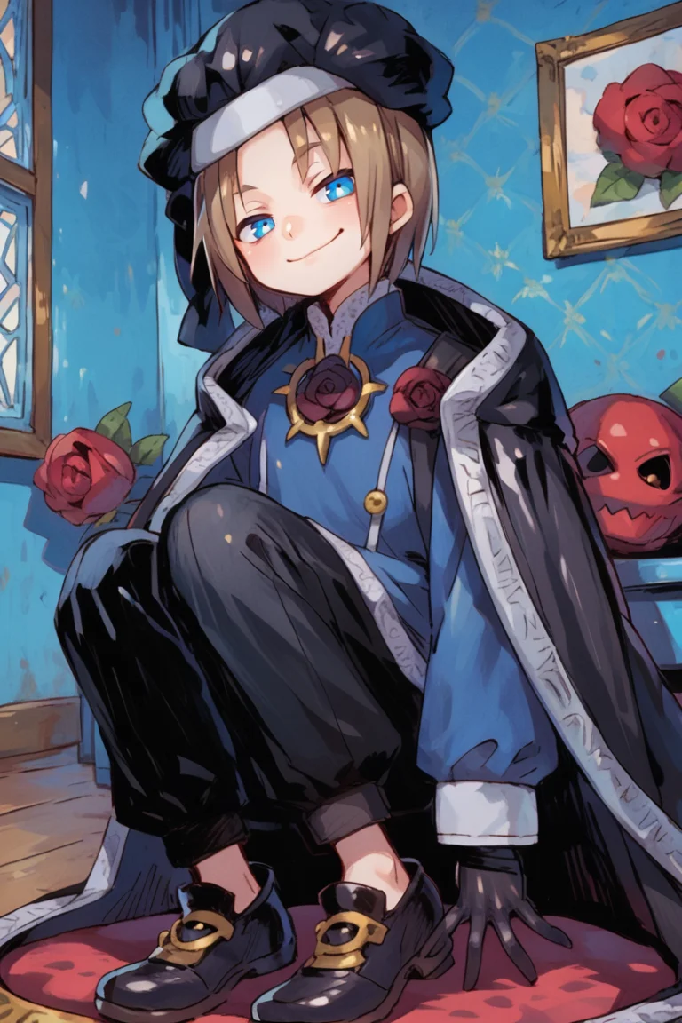 (score_9, score_8_up, score_7_up, score_6_up), source anime, BREAK, <lora:Roswell_Branthese:0.75> , RoswDef, 1boy, brown hair, blue eyes, black beret, black cloak, blue uniform, black gloves, black footwear, puffy pants, black pants, rose, closed mouth, smug, smug grin, interior, living room, looking at viewer, solo, <lora:zy_Detailed_Backgrounds_v1:0.5> , detailed background, highly detailed, <lora:cr33pp41ntXLP:0.7> , cr33pp41nt,
