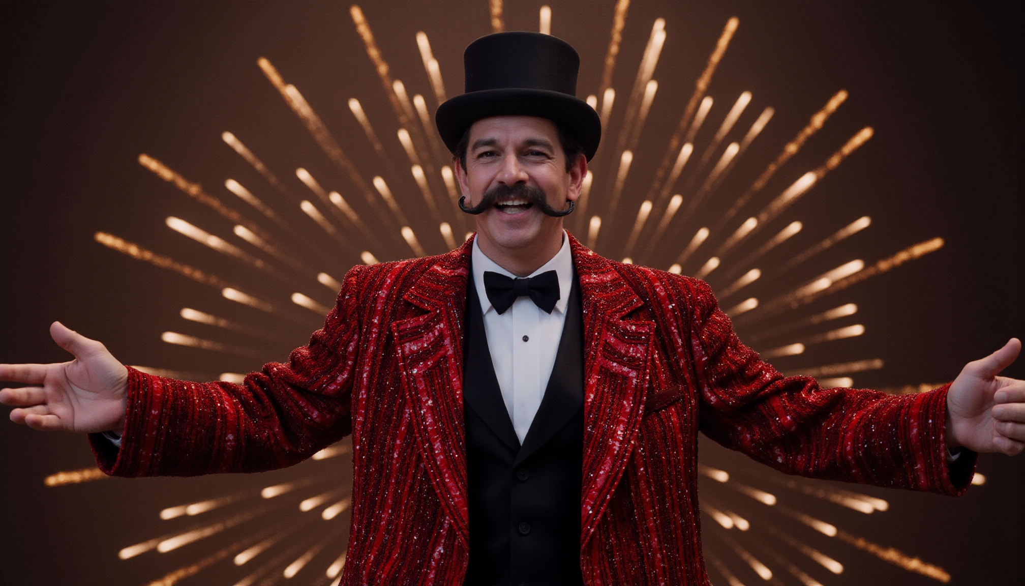 cinematic full shot of circus director standing on a dark stage smiling and spreading his arms, taken from a low angle. Wearing a top hat, twirled mustache, gaudy glittery suit jacket, with firework fountains in the background. Very dark overall. Backlighting with warm artificial light from a spotlight behind him. High resolution. 2020s movie <lora:dark_cinematic-000080:1>