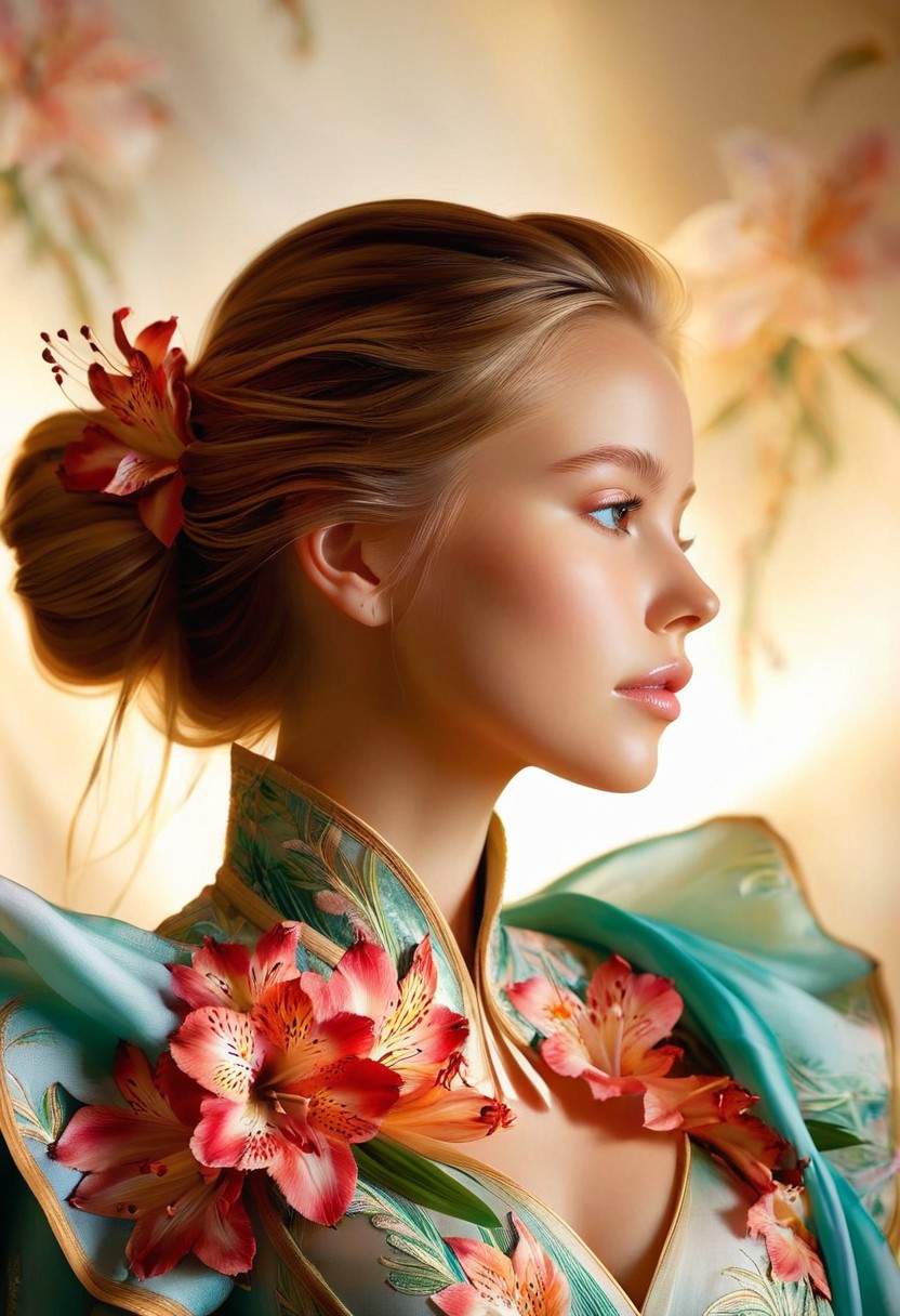 A hyper-realistic depiction of a young woman's upper body, adorned in an exquisite Alstroemeria-inspired outfit, with delicate, hand-painted floral patterns on silk fabric, subtle sheen, and intricate details, set against a soft, creamy background, with warm, golden lighting and a shallow depth of field, emphasizing the subject's gentle, serene expression, in the style of a high-fashion digital portrait, with ultra-detailed textures and delicate color nuances.