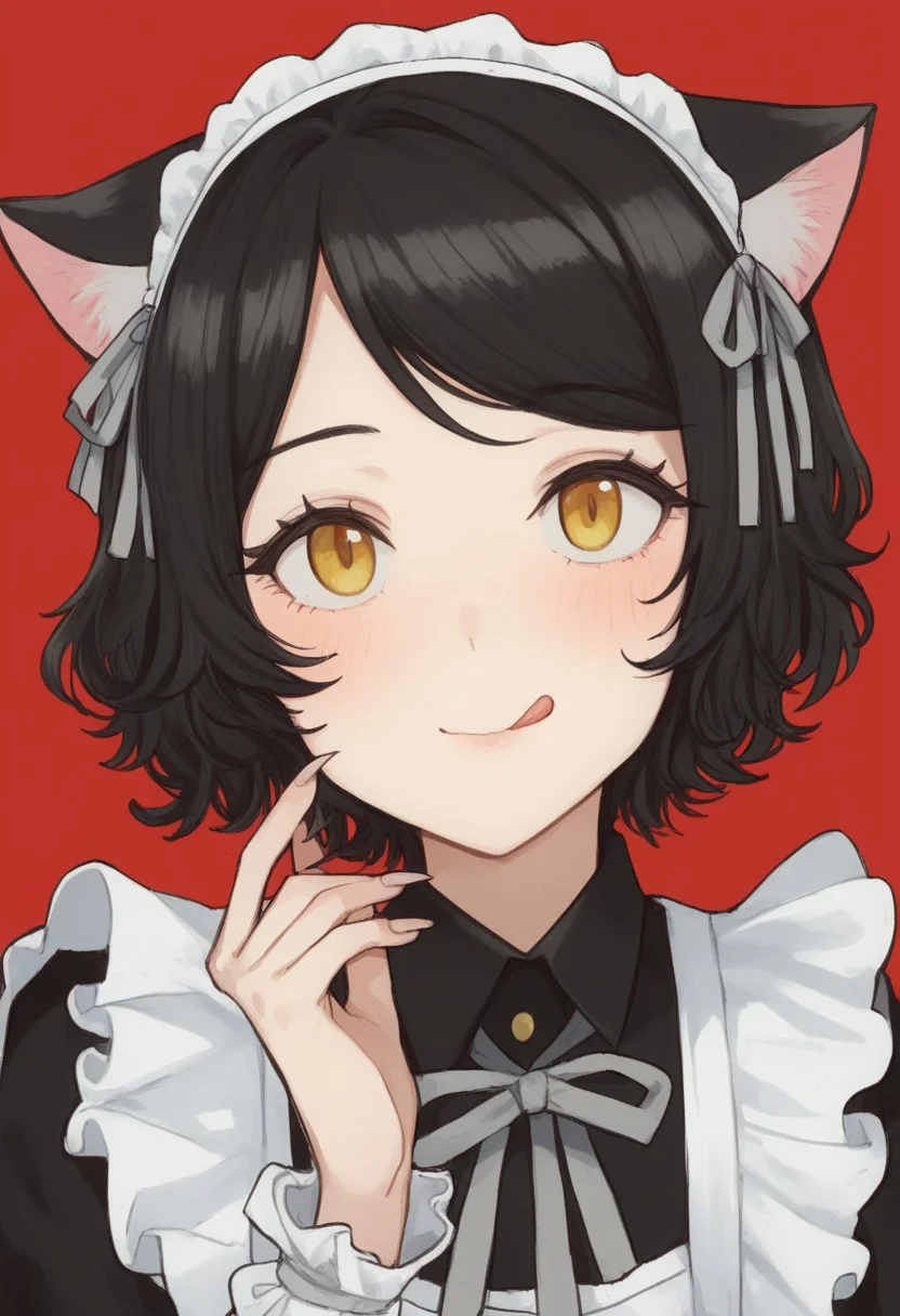izutsumi, dungeon meshi, 1girl, :3, :q, alternate costume, animal ears, apron, black dress, black hair, blush, cat ears, cat girl, close-up, closed mouth, collared dress, curled fingers, dress, enmaided, eyelashes, fingernails, frilled dress, frills, grey ribbon, hair ribbon, hairband, hand up, high contrast, licking lips, light blush, looking at viewer, maid, portrait, red background, ribbon, romaji commentary, sharp fingernails, short hair, simple background, swept bangs, tongue, tongue out, wavy hair, white apron, white hairband, white headdress, yellow eyes, zPDXL3