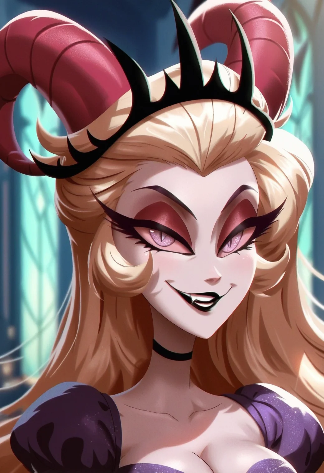 1girl, <lora:lilith_hazbin_hotel_ponyxl_v2:0.8>, lilith, black lips, pink sclera, half-closed eyes, seductive smile, looking at viewer, black crown, (purple eyes), slit pupils, solo, purple dress, upper body, cleavage, eye focus, demon horns, pink horns, fang, teeth, parted lips,
BREAK
score_9, score_8_up, score_7_up, score_6_up, film grain