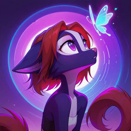 Dreamkeepers,Indi_and_Digo,1girl,solo,furry,tail,source_furry,,red hair,purple fur, purple eyes,
masterpiece, child, kid,
stylized, in soft warm hues, ethereal neon glow,, looking up at a floating butterfly, dreamy and surreal masterpiece, best quality, amazing quality, very aesthetic, absurdres, detailed eyes, newest,