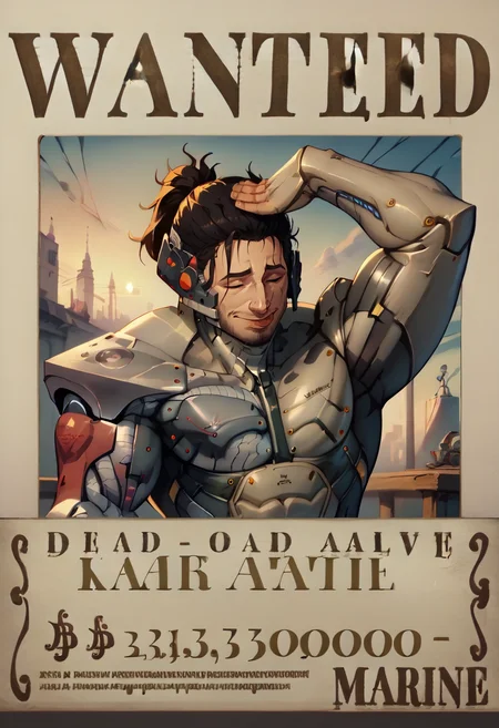 score_9, score_8_up, score_7_up, wanted, poster, character name, cover, <lora:WantedPoster_pdxl_Incrs_v1:1.1>, english text, <lora:JetstreamSam_XLPD:1> JetstreamSam, cyborg, bodysuit, headgear, beard, <lora:AhEtoBlehMeme_pdxl_Incrs_v1:1>, AhEtoBlehMeme, closed eyes, tongue out, :p, hands on own head, smile, 1boy,
