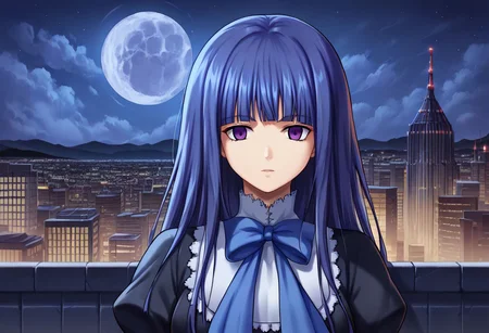 score_9, score_8_up, score_7_up, source_anime, umineko style, by alchemist, female, solo, frederica bernkastel, headshot portrait, long hair, blue hair, purple eyes, empty eyes, black dress, frills, blue bow, white socks, mary janes, front view, (best quality background, detailed background, modern city, city background, night, beautiful night sky, beautiful moon, hi res, absurd res:1.5)
