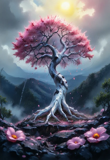 watercolor painting, sSurreal, anime style, hills, sprawling black and white tree, pink petals, sun, maximum details, dynamic, great lighting, perfect shading, atmospheric, best quality, sharp focus, high contrast, stylized, clear, surreal, ultra quality , 8k, best quality, masterpiece, textural, artistic, midjourneyv6.1, cube, surr, cube impression, vivid color, Colorful Chaos Cracks and Drops, Tree
