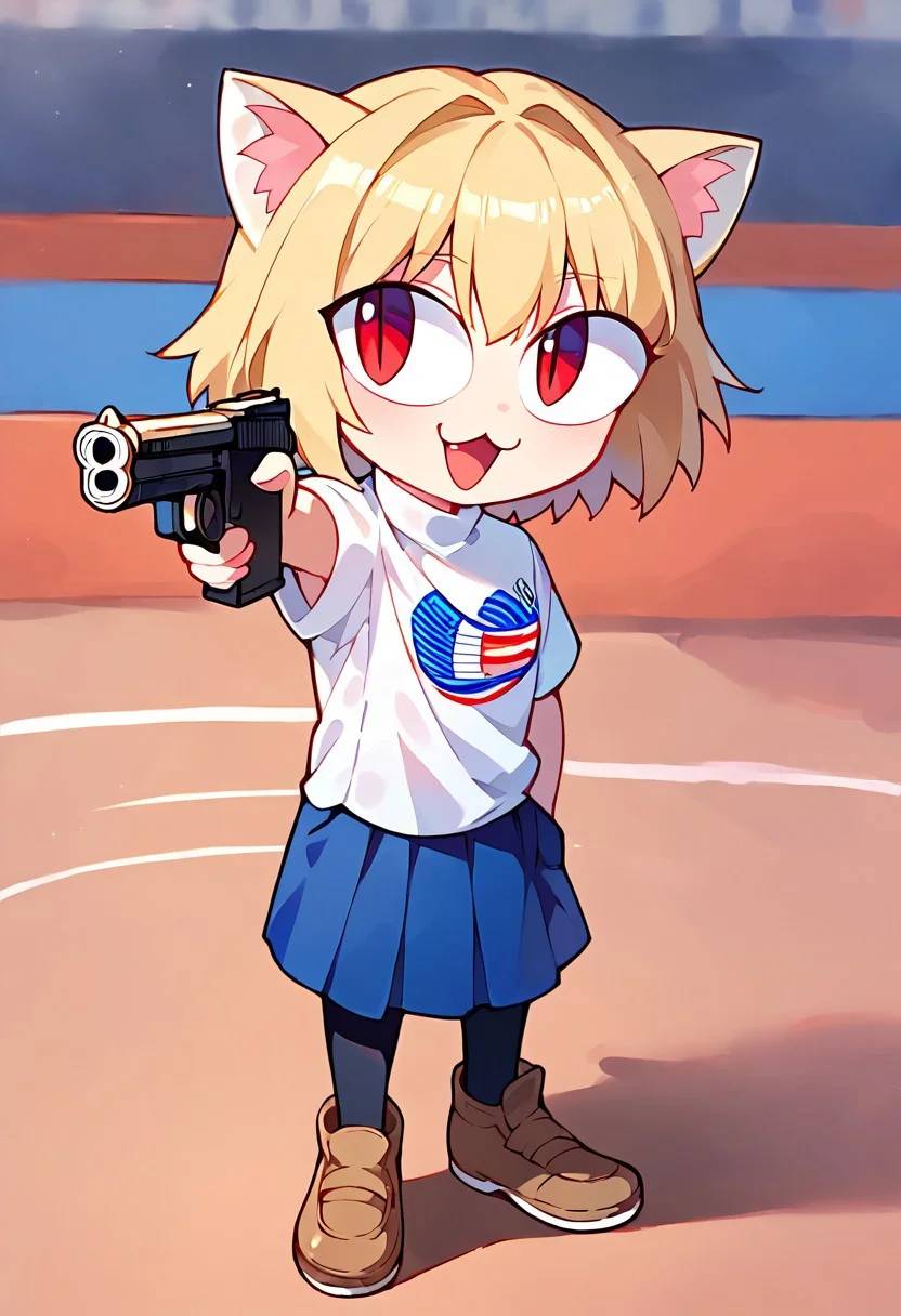 1girl, ((solo)), best quality, ultra-detailed, extremely detailed, perfect anatomy, masterpiece, score_9, score_8_up, score_7_up, Expressiveh, holding weapon, holding gun, handgun, hand in pocket, aiming, full body, (necoarc), blonde hair, red eyes, slit pupils, cat ears, (:3), (chibi:1.3), turtleneck, white shirt, blue skirt, pleated skirt, pantyhose, brown footwear, cute, silly, happy, ((Olympics shooting range background)), depth of field, audience silhouettes,