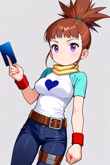 masterpiece, High quality, Ultra detailed, 2d, newest, absurdres, highres, BREAK
1girl, solo, <lora:makino_ruki:0.8>, ruki_makino, high ponytail, brown hair, purple eyes, 
medium breasts, rukidef, raglan sleeves, scarf, t-shirt, heart print, wristband, belt, pants, jeans, thigh strap, 
holding card,