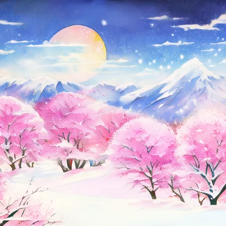peach blossom, mountain, snow,