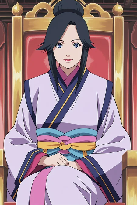 anime screencap, anime coloring, detailed face, masterpiece, best quality, very aesthetic, absurdres, volumetric lighting, official style, amazing quality, ultra detailed,  highres, amazing quality, scenery, beautiful detailed hair, beautiful detailed eyes
 <lora:Koyuki_Kazahana_Naruto_the_Movie_Ninja_Clash_in_the_Land_of_Snow_-_Illustrious_r2:1>
in a Japanese palace
Koyuki Kazahana (character), 1girl, solo, black hair, long hair, blue eyes, Koyuki queen outfit, Japanese clothes, single hair bun, lipstick,
looking at the viewer, smiling, sitting on a throne