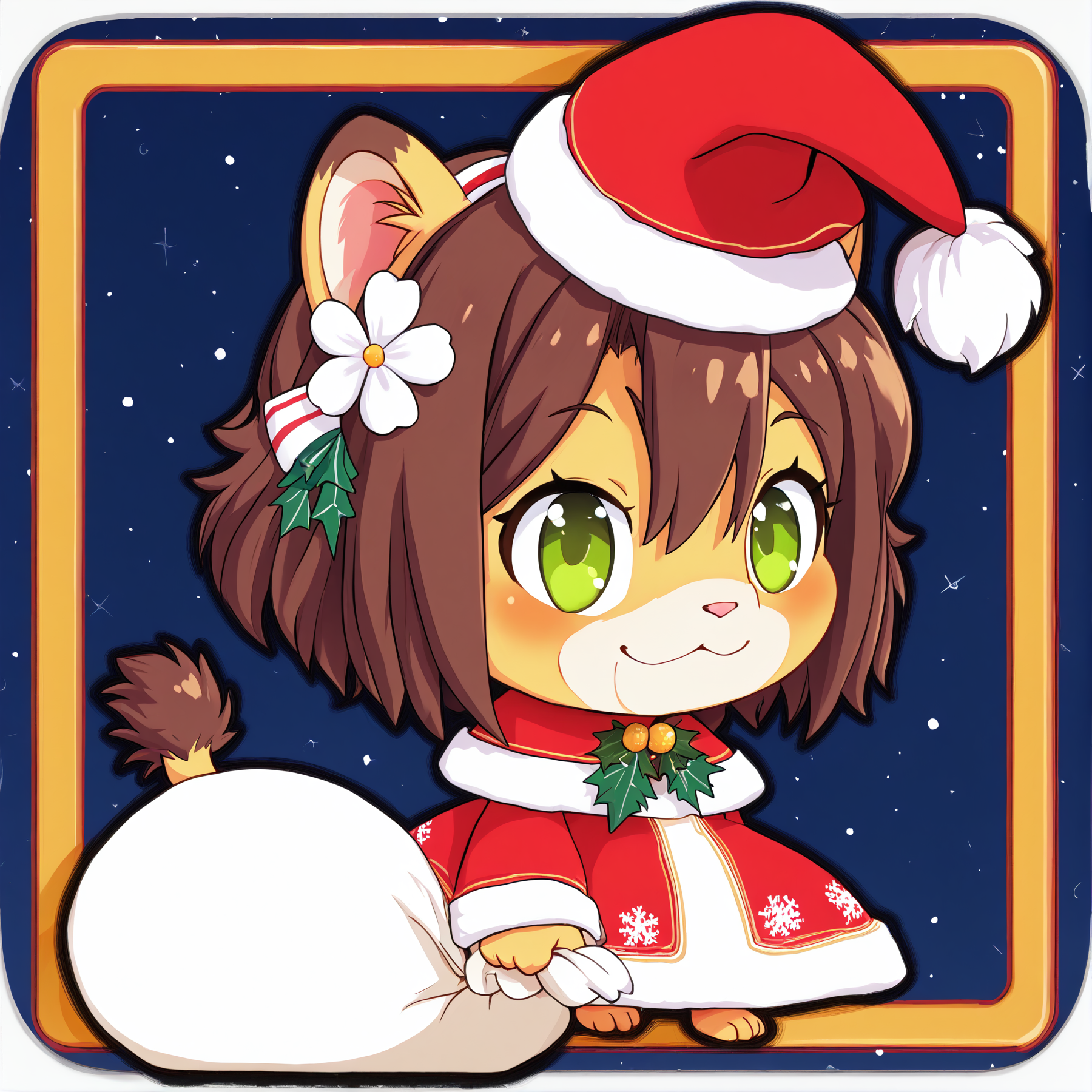 padoru <lora:padoru-IL-1.0:1>, masterpiece, perfect quality, best quality, anime coloring, 1girl, solo, padorumeme, padoru, simple dark blue background, Keiko, 1girl, solo, brown hair, furry female, green eyes, smile, animal ears, tail, animal nose, hairband, hair ornament, hair flower, body fur, short hair, bangs, lion ears,  <lora:Keiko_v03_PDXL:1>, christmas hat, score_9, score_8_up, score_7_up, score_6_up, score_5_up, score_4_up,