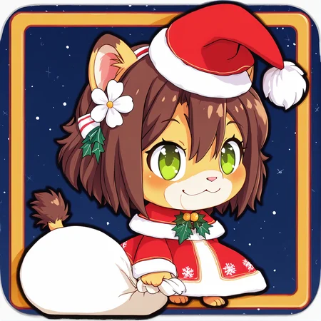 padoru <lora:padoru-IL-1.0:1>, masterpiece, perfect quality, best quality, anime coloring, 1girl, solo, padorumeme, padoru, simple dark blue background, Keiko, 1girl, solo, brown hair, furry female, green eyes, smile, animal ears, tail, animal nose, hairband, hair ornament, hair flower, body fur, short hair, bangs, lion ears, <lora:Keiko_v03_PDXL:1>, christmas hat, score_9, score_8_up, score_7_up, score_6_up, score_5_up, score_4_up,