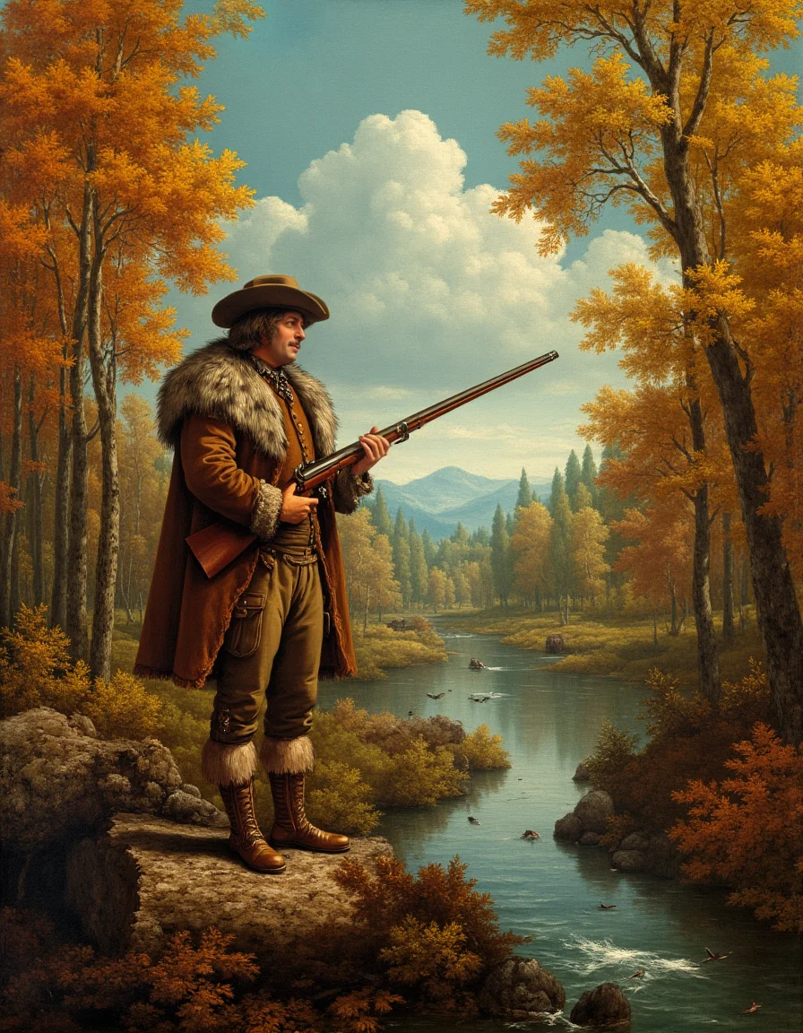<lora:Flux_-_Renaissance_art_style:1>
In a striking cinematic widescreen shot, an American frontiersman of the 1800s stands boldly in the heart of a dense American woodland, exuding rugged confidence and an untamed spirit. Dressed in a thick, weathered fur coat, stitched together from pelts of wolf and deer, he braves the crisp autumn air. A raccoon fur hat, its striped tail draped down the back of his neck, sits atop his unkempt, windblown hair. His chiseled face, partially shadowed by the golden light filtering through the towering oak and maple trees, bears the hard-earned grit of a man who has lived by his wits and his rifle.
He grips a well-worn flintlock musket, the polished wooden stock gleaming subtly in the dappled sunlight. The long barrel catches the warm hues of the afternoon sun, a tool of both survival and mastery. His worn leather boots press firmly into the earth, one foot resting atop a moss-covered fallen log, giving him a stance of quiet dominance over the wilderness.
The forest around him is alive with the rich, untamed beauty of the American frontier. The golden and fiery-red leaves of autumn rustle in the wind, some drifting to the ground in a slow, graceful descent. A distant hawk circles overhead, its piercing cry echoing through the trees. The earthy scent of damp soil, pine, and woodsmoke lingers in the crisp air, hinting at a nearby camp where embers still smolder.
In the background, a meandering creek glistens in the fading light, its surface occasionally broken by the leap of a trout. A set of fresh deer tracks in the soft mud hints at prey nearby, yet the hunter remains still, scanning the horizon with the practiced gaze of a seasoned outdoorsman. His expression is both wary and determinedâa man shaped by the land, bound to the untamed wilds of early America.
The moment is frozen in time, capturing the essence of a frontier hunterâs lifeâsolitary, unforgiving, yet undeniably majestic.