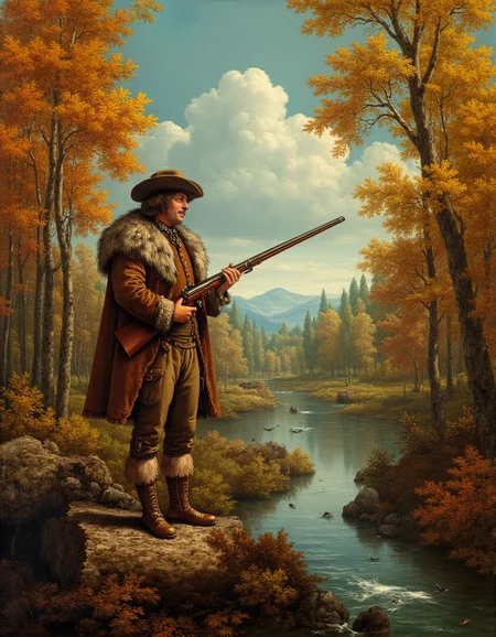 <lora:Flux_-_Renaissance_art_style:1>
In a striking cinematic widescreen shot, an American frontiersman of the 1800s stands boldly in the heart of a dense American woodland, exuding rugged confidence and an untamed spirit. Dressed in a thick, weathered fur coat, stitched together from pelts of wolf and deer, he braves the crisp autumn air. A raccoon fur hat, its striped tail draped down the back of his neck, sits atop his unkempt, windblown hair. His chiseled face, partially shadowed by the golden light filtering through the towering oak and maple trees, bears the hard-earned grit of a man who has lived by his wits and his rifle.
He grips a well-worn flintlock musket, the polished wooden stock gleaming subtly in the dappled sunlight. The long barrel catches the warm hues of the afternoon sun, a tool of both survival and mastery. His worn leather boots press firmly into the earth, one foot resting atop a moss-covered fallen log, giving him a stance of quiet dominance over the wilderness.
The forest around him is alive with the rich, untamed beauty of the American frontier. The golden and fiery-red leaves of autumn rustle in the wind, some drifting to the ground in a slow, graceful descent. A distant hawk circles overhead, its piercing cry echoing through the trees. The earthy scent of damp soil, pine, and woodsmoke lingers in the crisp air, hinting at a nearby camp where embers still smolder.
In the background, a meandering creek glistens in the fading light, its surface occasionally broken by the leap of a trout. A set of fresh deer tracks in the soft mud hints at prey nearby, yet the hunter remains still, scanning the horizon with the practiced gaze of a seasoned outdoorsman. His expression is both wary and determinedâa man shaped by the land, bound to the untamed wilds of early America.
The moment is frozen in time, capturing the essence of a frontier hunterâs lifeâsolitary, unforgiving, yet undeniably majestic.