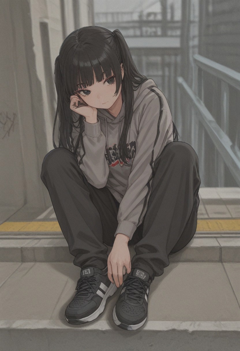 18years old,(best quality),(masterpiece),(ultra detailed),long sleeve,blunt bangs,black hair,black eyes,two side up and long hair,black basketball shoes, over size band graffiti hoodies,black baggy pants,Red eyeshadow, long eyelashes , upturn,ral-exposure, at pedestrian bridge,front view, cowboy body,sitting, sitting with her legs stretched out,front view