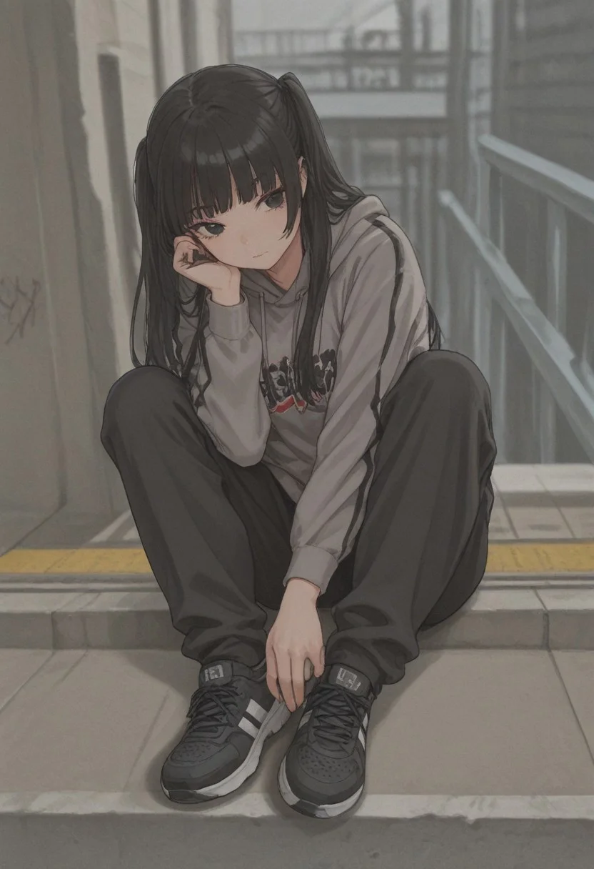 18years old,(best quality),(masterpiece),(ultra detailed),long sleeve,blunt bangs,black hair,black eyes,two side up and long hair,black basketball shoes, over size band graffiti hoodies,black baggy pants,Red eyeshadow, long eyelashes , upturn,ral-exposure, at pedestrian bridge,front view, cowboy body,sitting, sitting with her legs stretched out,front view