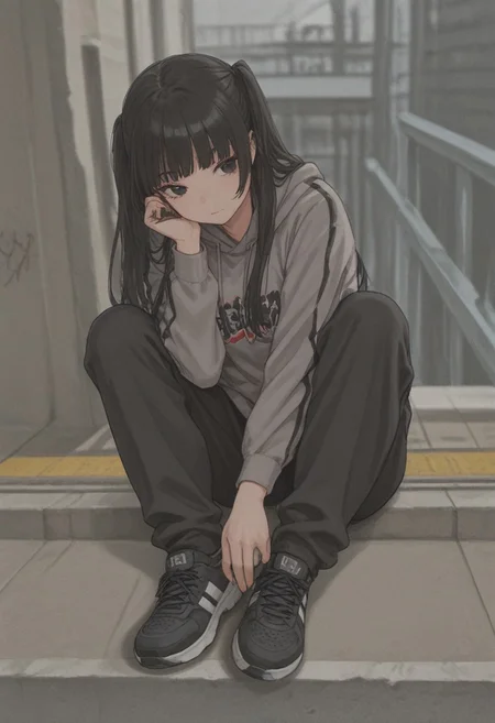 18years old,(best quality),(masterpiece),(ultra detailed),long sleeve,blunt bangs,black hair,black eyes,two side up and long hair,black basketball shoes, over size band graffiti hoodies,black baggy pants,Red eyeshadow, long eyelashes , upturn,ral-exposure, at pedestrian bridge,front view, cowboy body,sitting, sitting with her legs stretched out,front view
