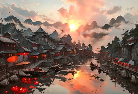 ((score_9, score_8_up, score_7_up, score_6_up)), ((Masterpiece)), (((Ha Long Bay, Halong Bay, inlay myanmar))), high angle, from above, Photorealistic, India Model, detailed, perfect, perfection, dioramas, watercraft, lake, chinese meticulous ink, panorama landscape, dioramas, architecture, ships, wharf, sea, river, pier, chimney, cloud, town, house, water, ((blood-red sunset, large sun, volumetric lighting, god rays)), ((Lake water reflecting red light)), dracula japan village, Japan, enchanted fortress and fortified castle, above the clouds, mystical atmosphere, detailed stone and wood walls, bloody mist swirls around, weibo, drawing, formal, black hair, devil horns, double halo, hunter eyes, holding finger to lips, shush, intimidating retro 90's, red, black, science fiction, a dark sky lit by the glow of distant moons and neon lights. rockpunk, yoji shinkawa, James Jean, Ayami Kojima, village, <lora:EnvyPanoramaXL01:0.5>, Hand, detailed, perfect, perfection, hands, India Model, Beautiful, Photorealistic, chinese meticulous ink, illustration