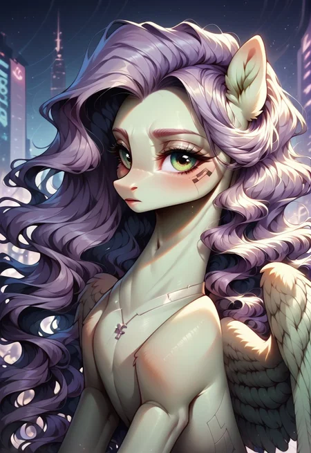 score_9, score_8_up, score_7_up, score_6_up, score_5_up, score_4_up, my little pony, ((feral pony)), a glamorous digital magazine photoshoot, a <lora:Lavender tea:1>lavender tea, (she has light purple soft wavy hair:1.3),( Side swept hair, light green skin:1.2), pale green eyes, , PEGASUS, pony, solo, wearing avant-garde clothing, set in a futuristic cyberpunk roof-top environment, with a neon-lit city background, intricate high fashion details, backlit by vibrant city glow, Vogue fashion photography, <lora:OtherStyle_01:1> <lora:detailed_notrigger:1>