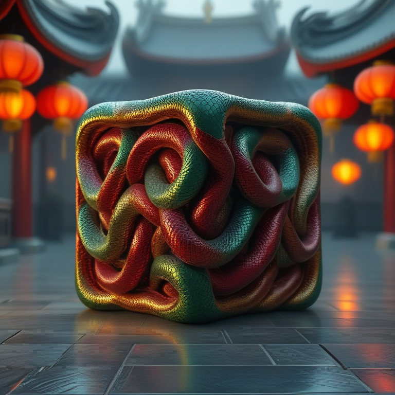 sn4k3bug cube, metallic scales in green, red, and gold colors. sn4k3bug create a detailed texture while forming all parts of the cube. The setting is a traditional Asian environment, featuring glowing red lanterns, typical architecture in the background, and a reflective stone floor. Soft lighting highlights sn4k3bug shimmer, ensuring the cube looks cohesive and colorful, maintaining a mysterious and vibrant atmosphere. <lora:sn4k3bug:1.55>