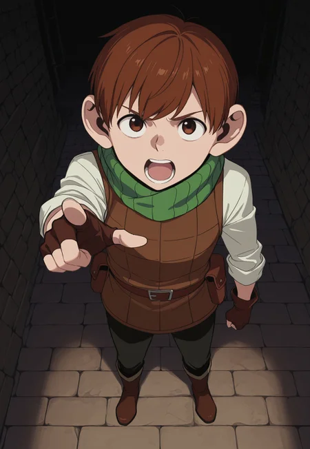 safe_pos, score_9, score_8_up, score_7_up, masterpiece, best quality, very aesthetic, absurdres, amazing quality, high resolution, ultra-detailed, volumetric lighting, newest, scenery, 1boy, solo, male focus, halfling, brown hair, short hair, brown eyes, green neck warmer, white shirt, brown padded vest, brown belt, belt pouch, brown fingerless gloves, black pants, brown leather boots, full body, looking at viewer, pointing at viewer, angry, shouting, looking up, dungeon, dark, perspective