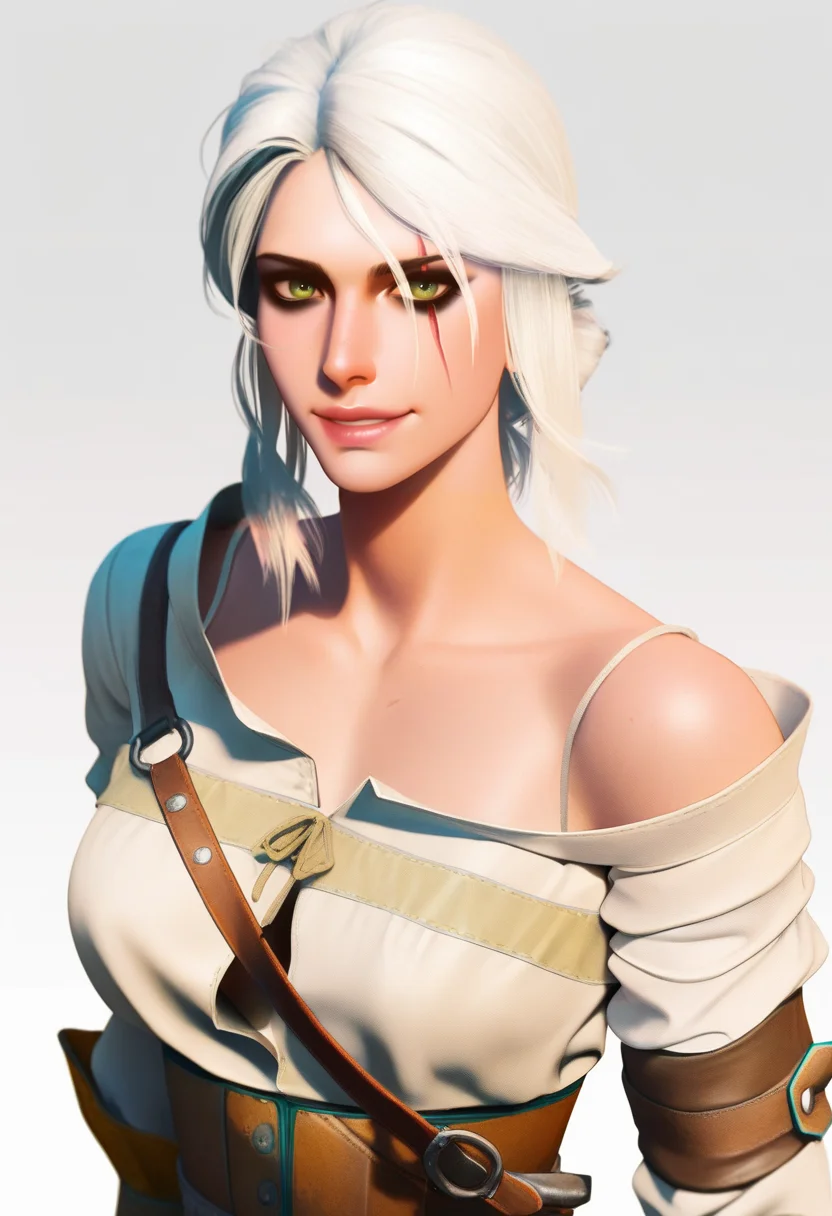 masterpiece, best quality, very aesthetic, absurdres,
1girl, ciri, white hair, green eyes, makeup,
scar across eye,
white shirt,
upper body,
smile, solo, looking at viewer, simple background, white background, <lora:CiriNoobXL_byKonan:1>