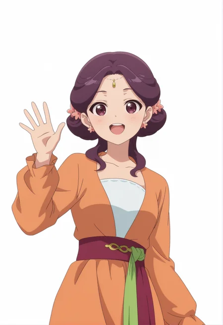 <lora:Ying Hua_illustrious-000040:1>,OG_\(Yinghua\),orange dress,solo,upper body,hair ornament,purple eyes,purple hair,cowboy_shot,white_background,simple_background,waving,upper teeth only