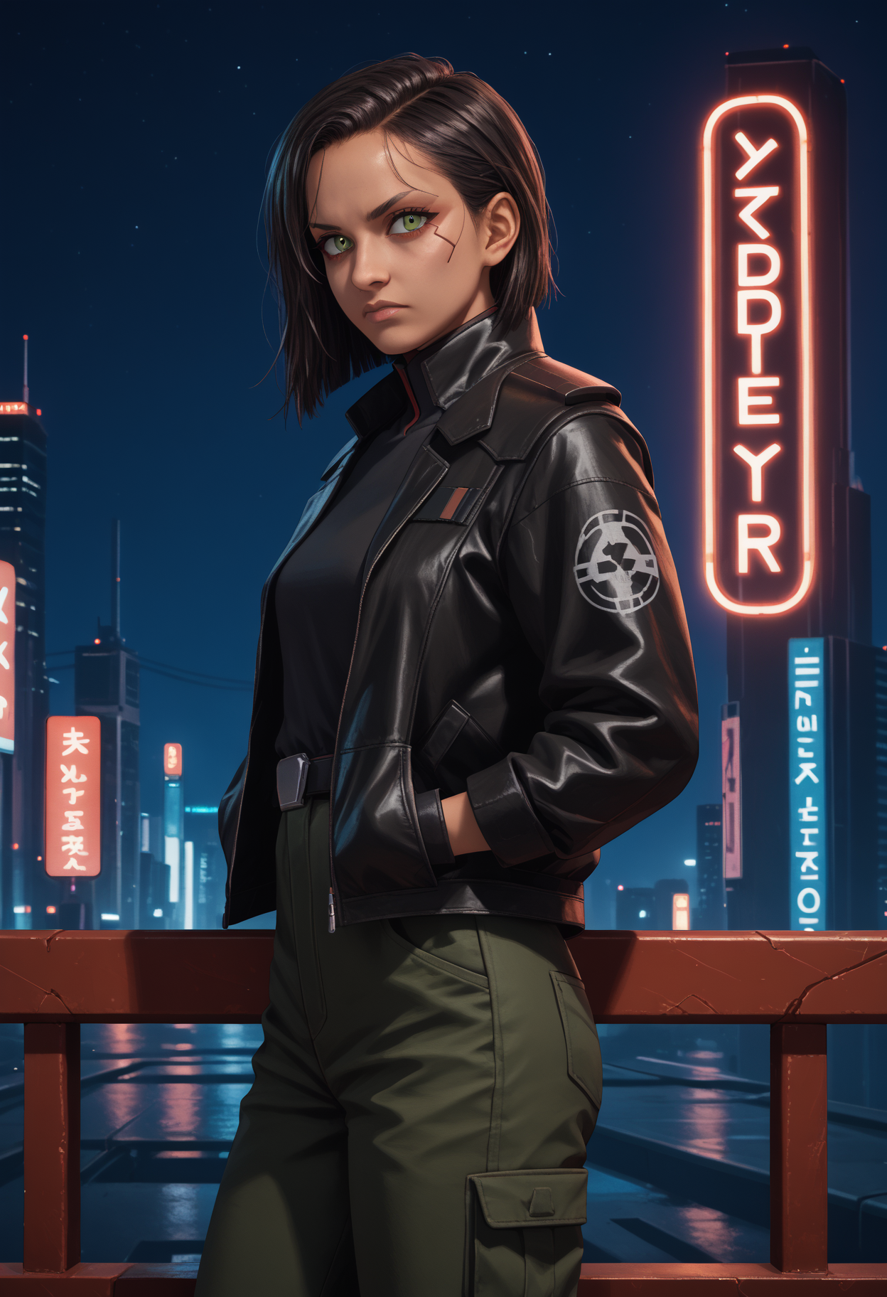 score_9, score_8_up,score_7_up, source_anime, 1girl, solo, <lora:trllsdr_pdxl_EliPot:1> swtrsu, medium hair, black hair, green eyes,
 leather jacket, dark brown jacket, closed jacket, high collar, black shirt, belt buckle, cargo pants, dark green pants, looking at viewer, serious, hands in pockets, against railing, outdoors, cyberpunk city, neon lights, neon sign, skyscraper, science fiction, sci-fi, futuristic, dark, night sky, starry sky, side view,