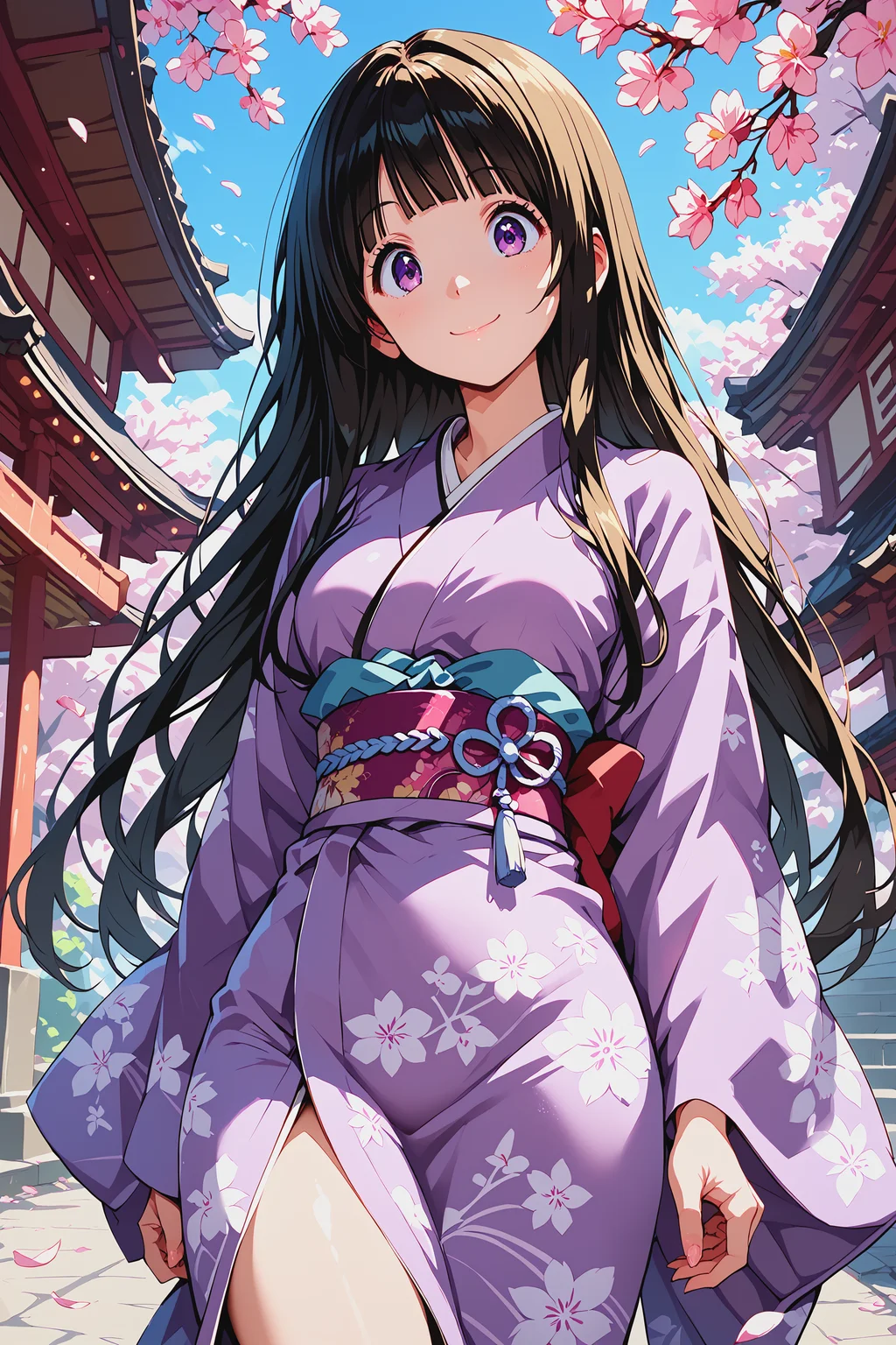 score_9, score_8_up, score_7_up, score_6_up, score_ANIME, BREAK,
ceiiai chitanda eru, (perspective),
1girl, solo, black hair, smile, closed mouth, blunt bangs, purple eyes, long hair,
wide-eyed,
purple kimono, japanese clothes, floral print, long kimono,
cowboy shot, looking at viewer,
cherry blossoms,
<lora:eru01-e10:1>
