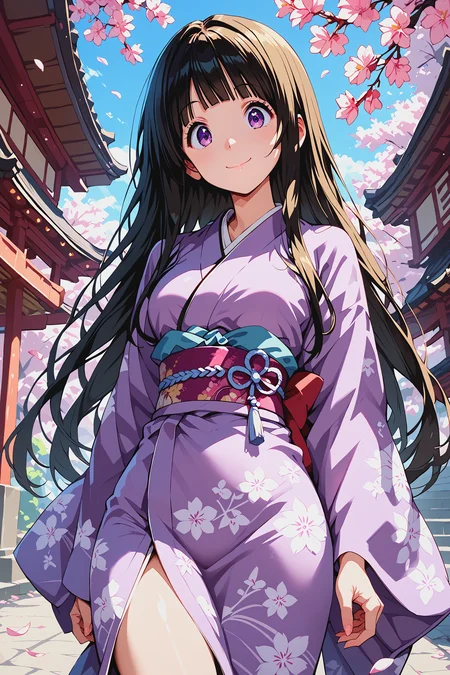 score_9, score_8_up, score_7_up, score_6_up, score_ANIME, BREAK,
ceiiai chitanda eru, (perspective),
1girl, solo, black hair, smile, closed mouth, blunt bangs, purple eyes, long hair,
wide-eyed,
purple kimono, japanese clothes, floral print, long kimono,
cowboy shot, looking at viewer,
cherry blossoms,
<lora:eru01-e10:1>