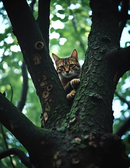 A 35mm analog kodachrome photo, high iso, a cheshire cat up a tree