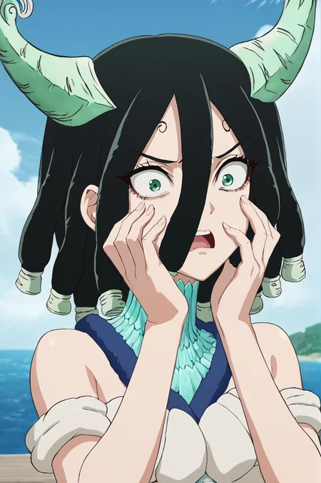 score_9, score_8_up, score_7_up, illustration, source_manga, rating_safe, r3tr0XLP ,<lora:r3tr0XLP:0.7> 1girl, solo, slimes_kirisame, hair between eyes, black hair, dreadlocks, teal smooth horns, green eyes , shocked expression, hands on face, upper body, <lora:SlimesKirisame:1.0>, break, in a tropical village