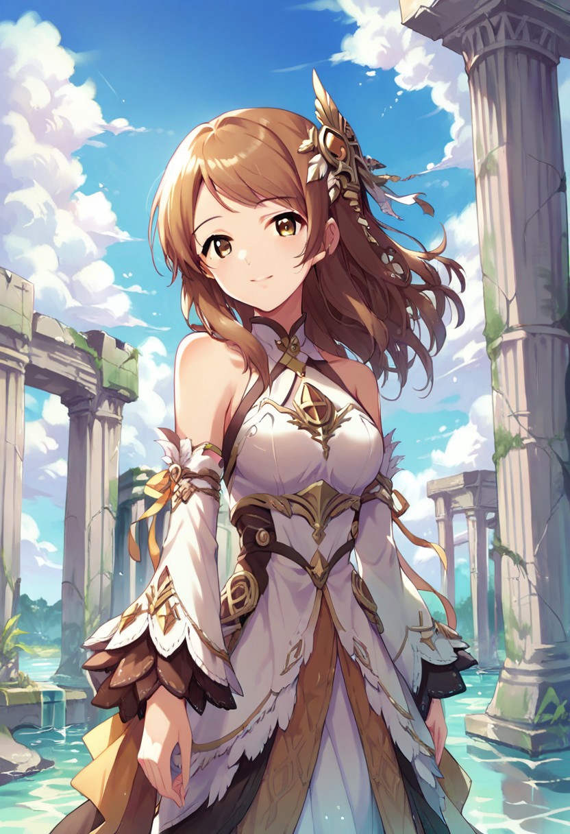 score_9, score_8_up, score_7_up, source_anime,hojo karen, 1girl, solo, long hair, looking at viewer, smile, brown hair, hair ornament, dress, bare shoulders, brown eyes, detached sleeves, sky, day, cloud, water, blue sky, ruins, pillar