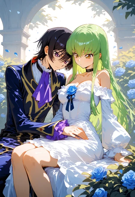 1girl, 1boy, c.c., lelouch vi britannia, year 2024, code geass, ascot, bare shoulders, black choker, black hair, blue flower, blue rose, breasts, bush, choker, closed mouth, collarbone, couple, dress, flower, frills, green hair, hetero, long hair, long sleeves, looking at another, medium breasts, off-shoulder dress, off shoulder, parted lips, purple ascot, purple eyes, rose, short hair, sitting, straight hair, yellow eyes