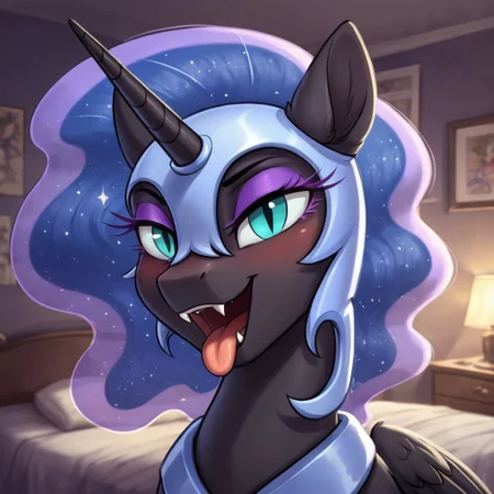 score_9, score_8_up, score_7_up, score_6_up, pony, alicorn, feral, mare, solo, (nightmare moon), no breasts, bedroom, indoors, (night), tail, photo_realistic, blushing female, anatomically correct, looking at you, seduce, seducing, inviting look, dynamic pose, dramatic angle, upper body, face focus, (tongue out:1.1), open mouth, fangs, mouth opened wide